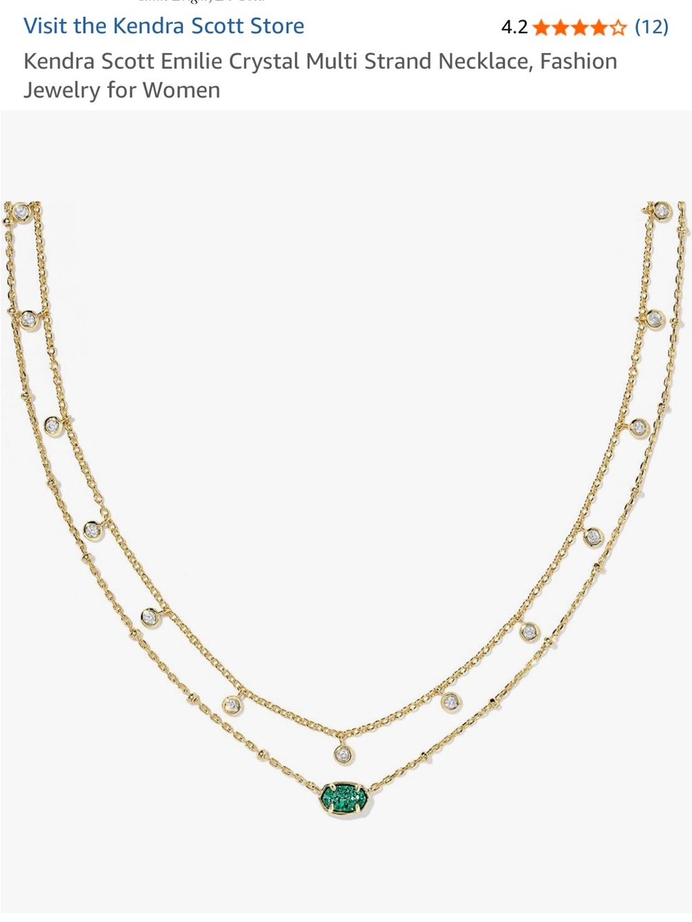 Kendra Scott Gold Layered Necklace with Emerald Green Stone and Clear Crystals